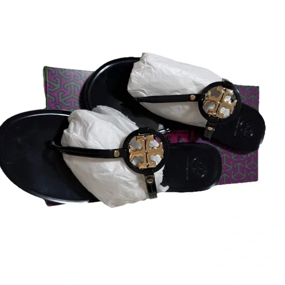 NIB! Sz 9 Tory Burch Mini Miller Thong Sandals in Black/Gold w/Toe Pad - Picture 9 of 12